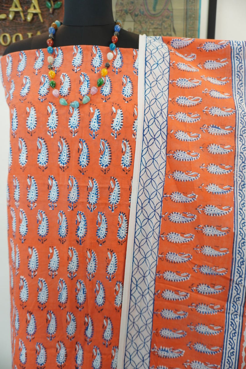 Orange cotton Bagh handblock 3 piece suit set with blue and white print and border detail