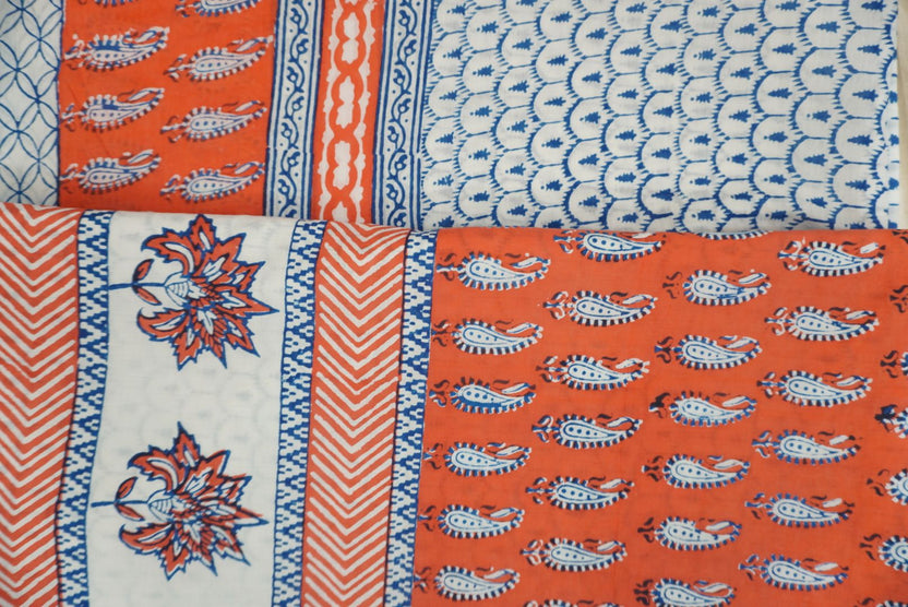 Orange cotton Bagh handblock 3 piece suit set with blue and white print and border detail