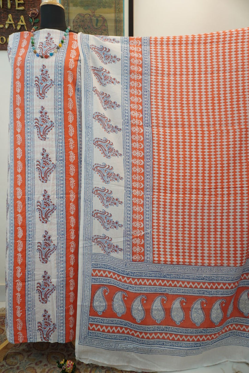 Orange cotton Bagh handblock 3 piece suit set with white and blue design and border