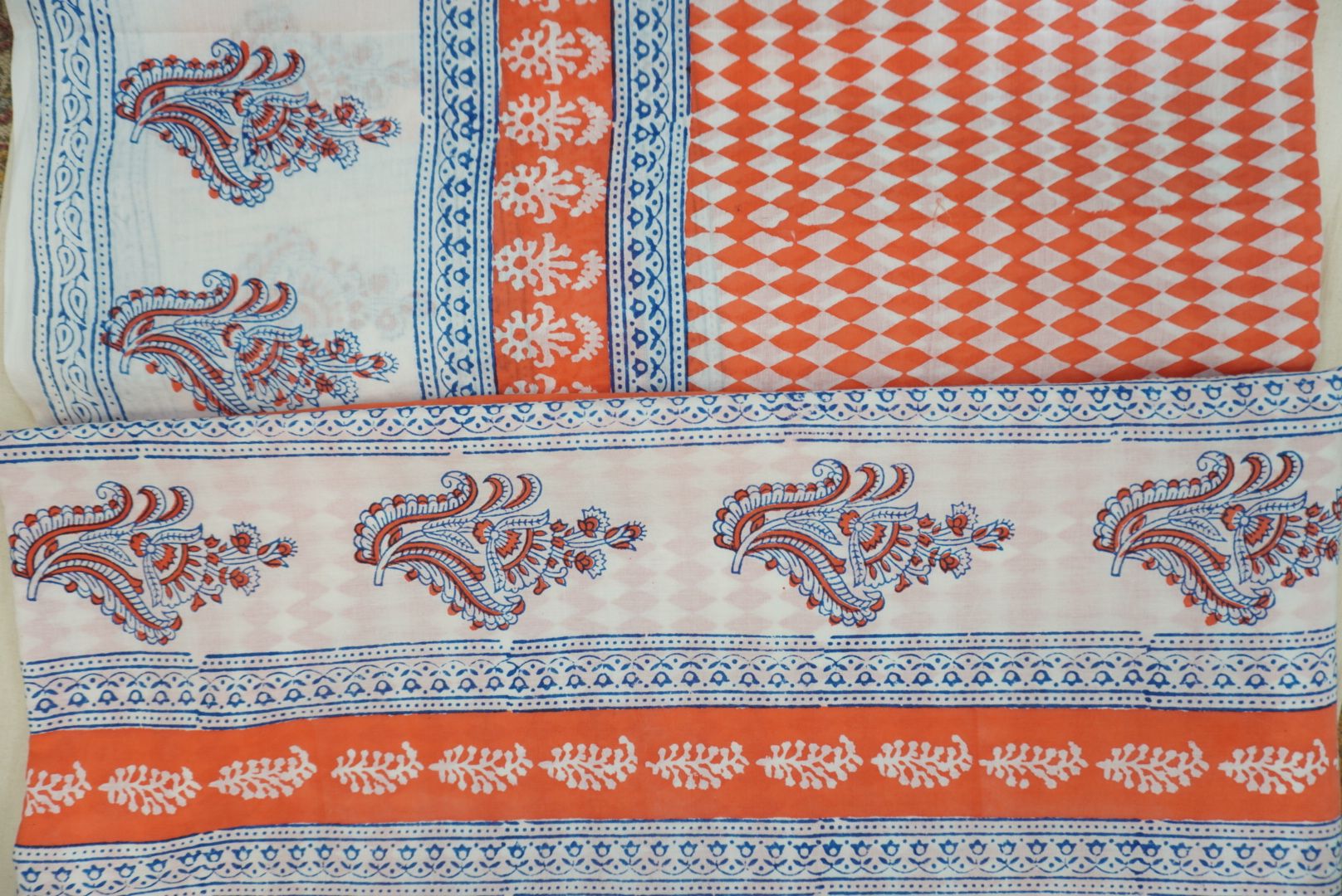 Orange cotton Bagh handblock 3 piece suit set with white and blue design and border