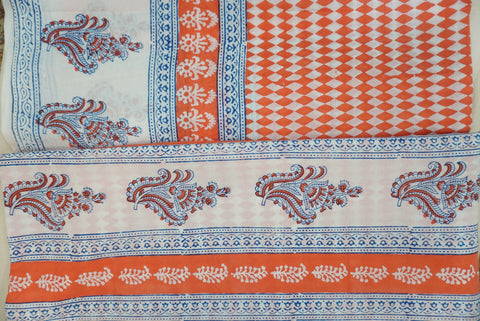 Orange cotton Bagh handblock 3 piece suit set with white and blue design and border
