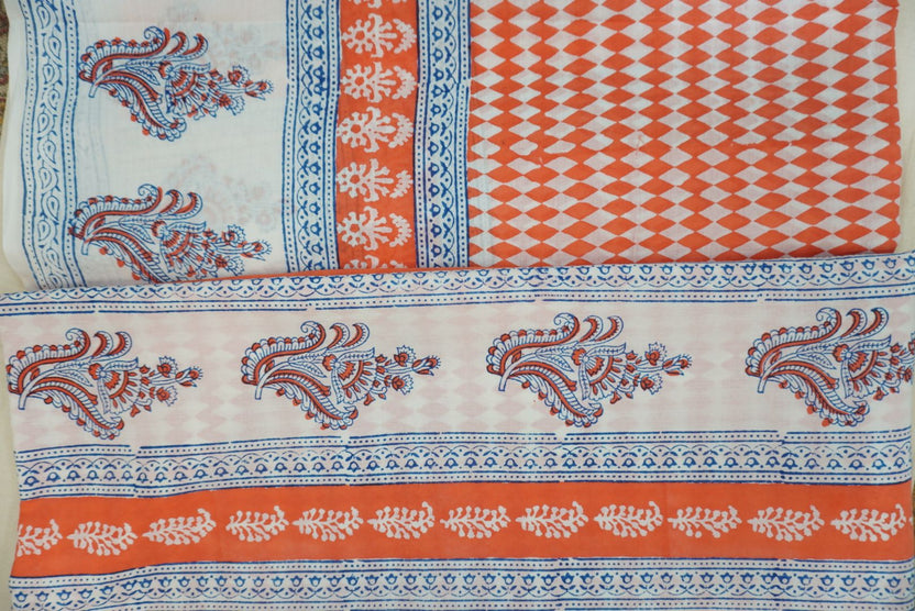 Orange cotton Bagh handblock 3 piece suit set with white and blue design and border