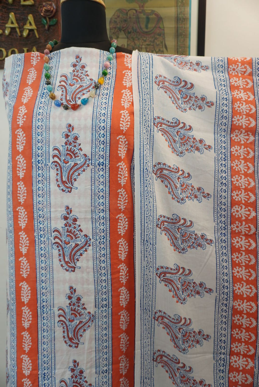 Orange cotton Bagh handblock 3 piece suit set with white and blue design and border