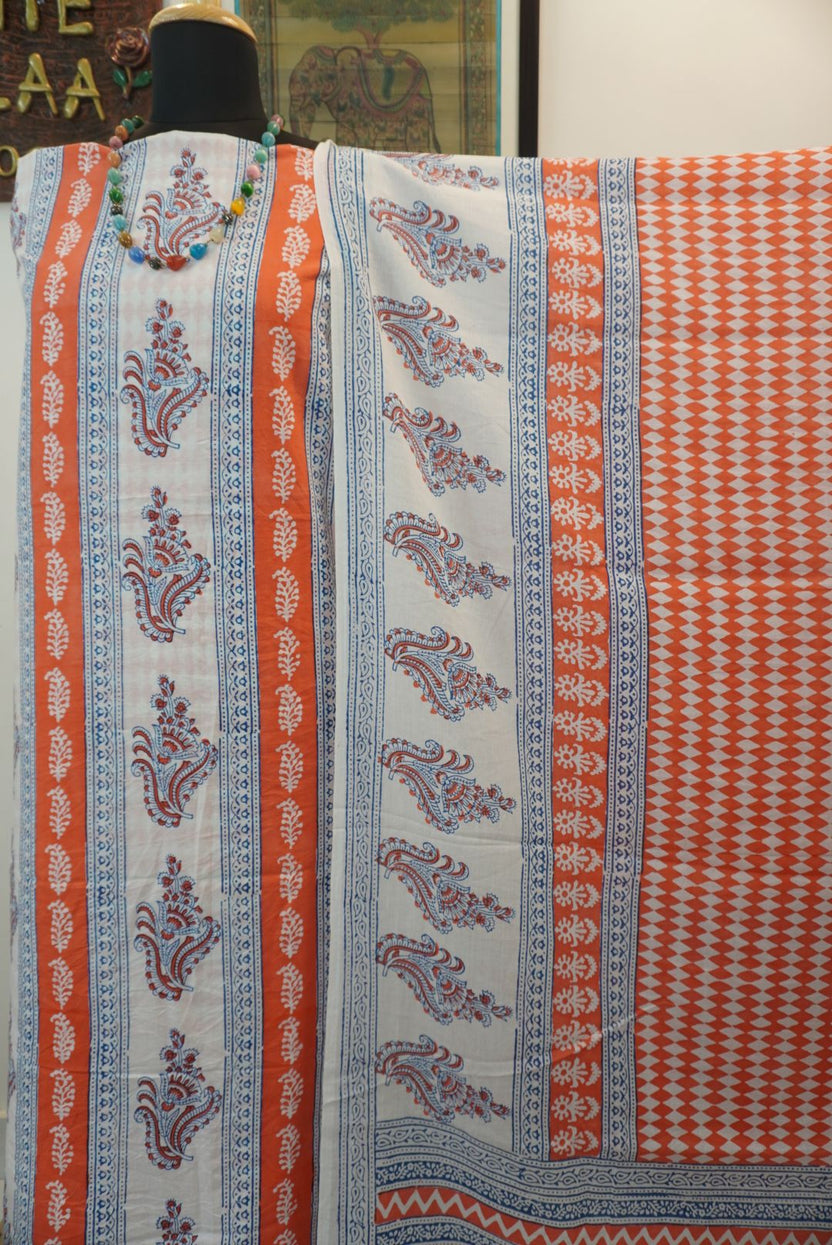 Orange cotton Bagh handblock 3 piece suit set with white and blue design and border