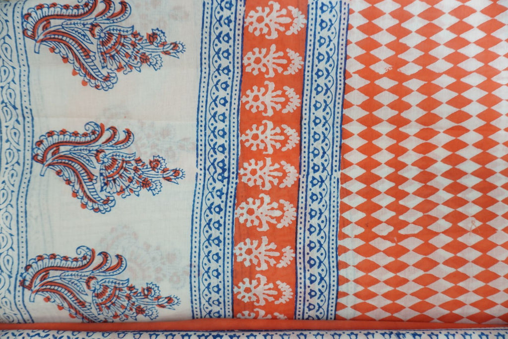 Orange cotton Bagh handblock 3 piece suit set with white and blue design and border
