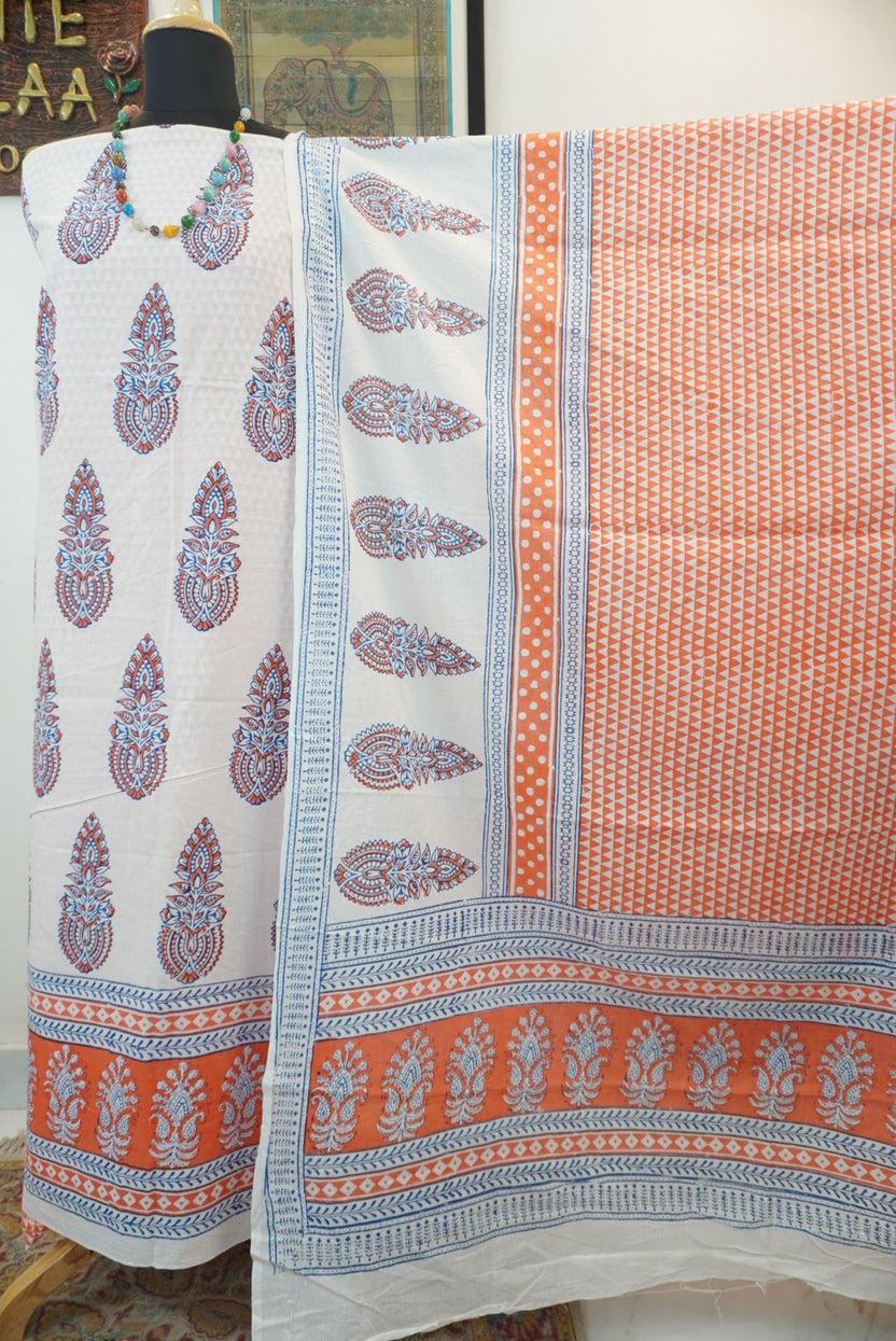 Orange cotton Bagh Handblock 3 piece suit set with white and blue placement pattern and border detail