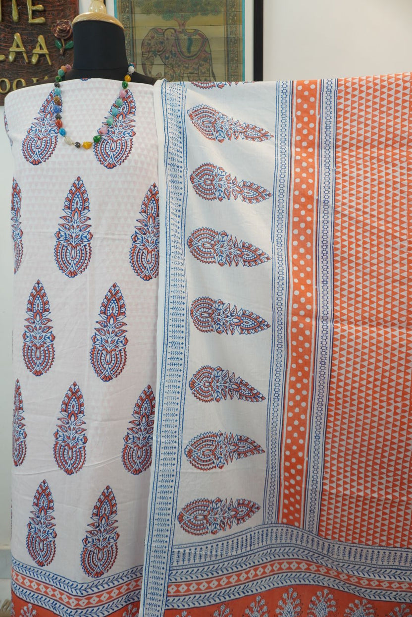 Orange cotton Bagh Handblock 3 piece suit set with white and blue placement pattern and border detail