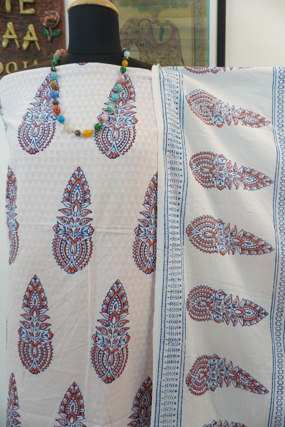 Orange cotton Bagh Handblock 3 piece suit set with white and blue placement pattern and border detail