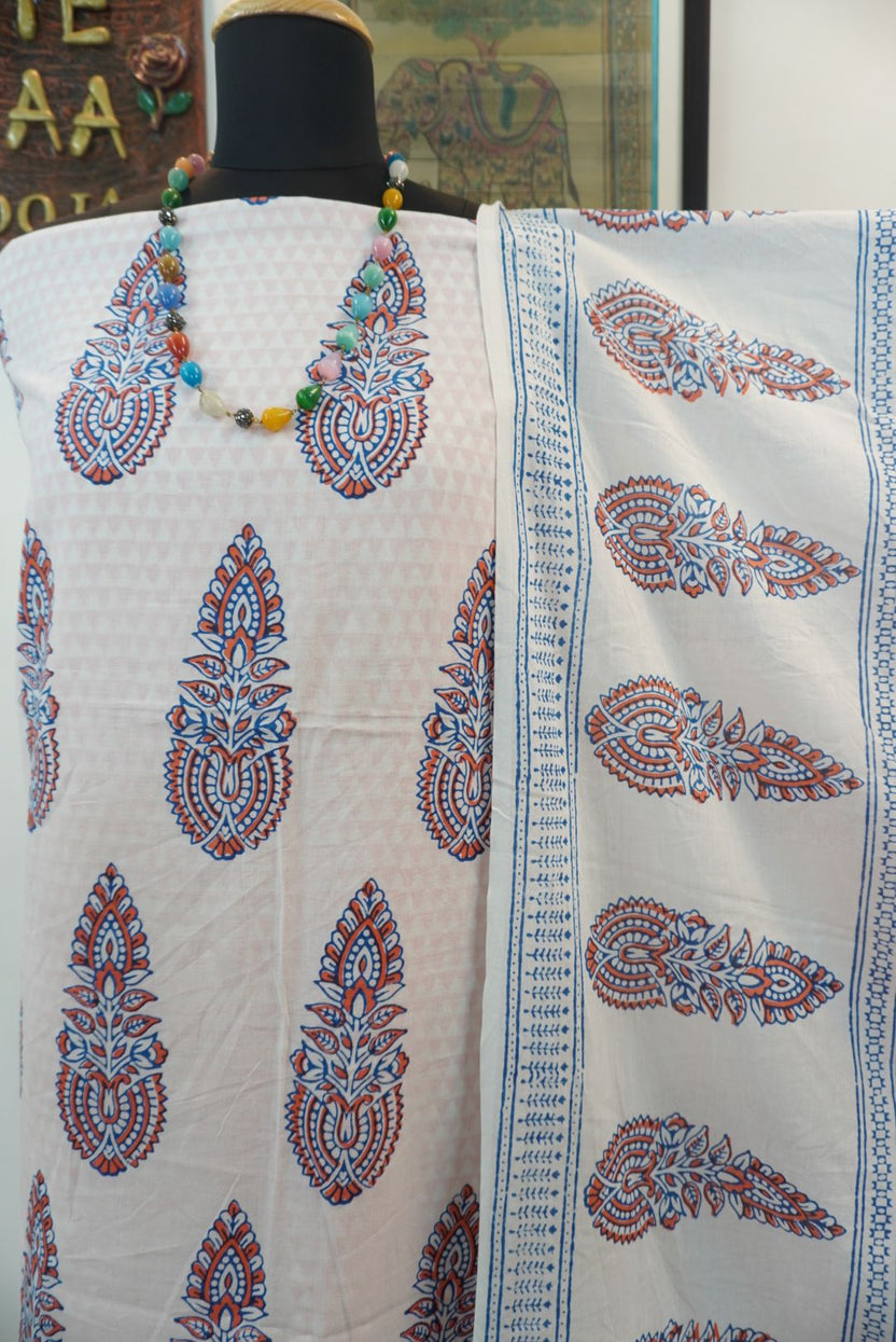 Orange cotton Bagh Handblock 3 piece suit set with white and blue placement pattern and border detail