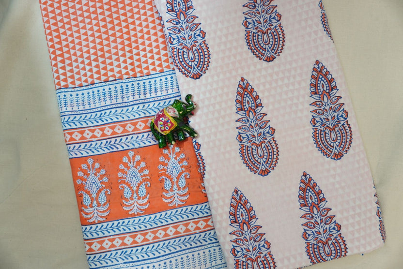 Orange cotton Bagh Handblock 3 piece suit set with white and blue placement pattern and border detail