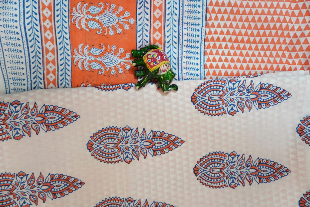 Orange cotton Bagh Handblock 3 piece suit set with white and blue placement pattern and border detail