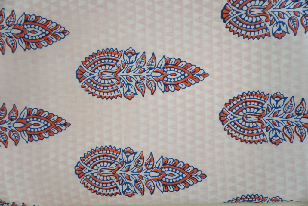 Orange cotton Bagh Handblock 3 piece suit set with white and blue placement pattern and border detail