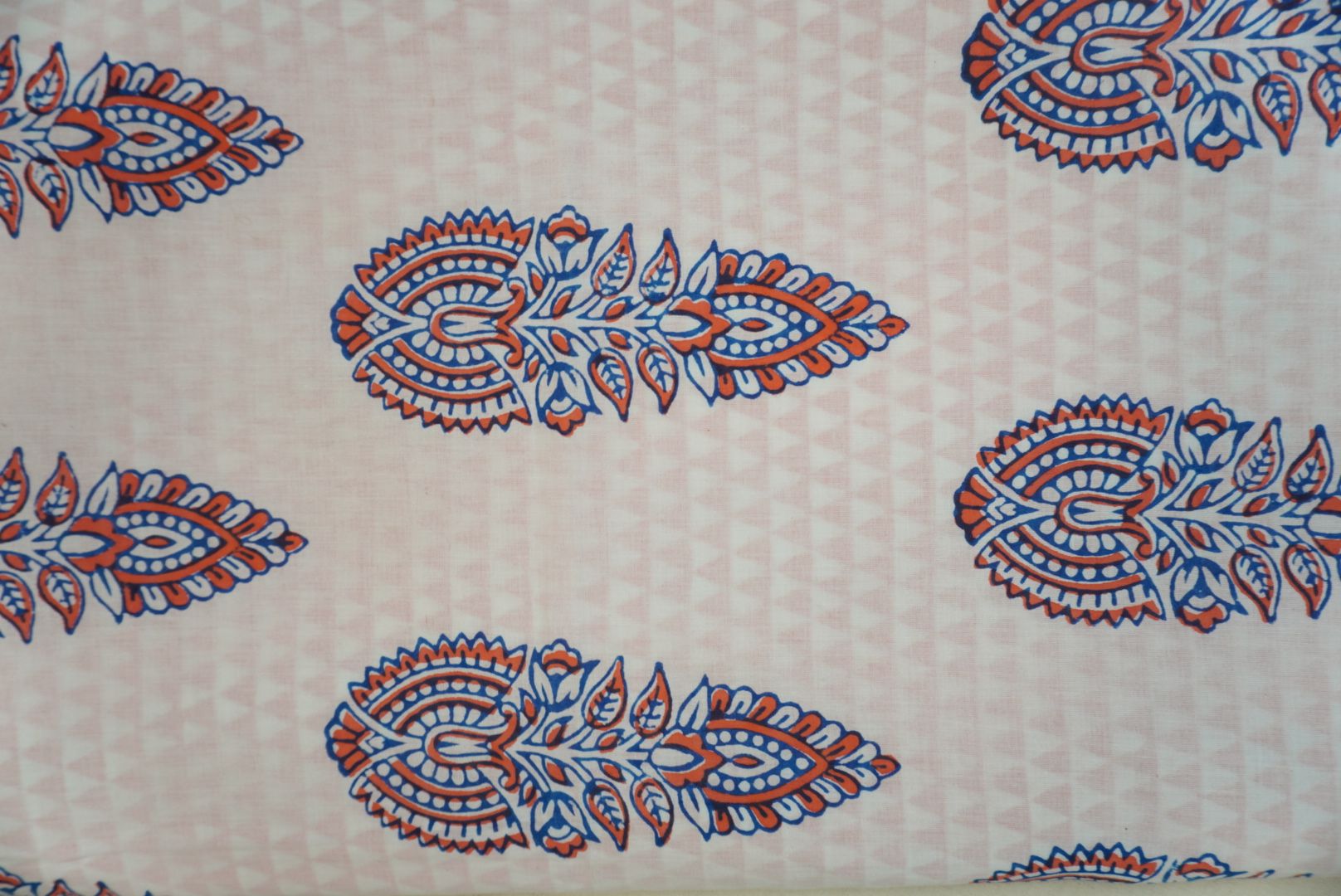 Orange cotton Bagh Handblock 3 piece suit set with white and blue placement pattern and border detail
