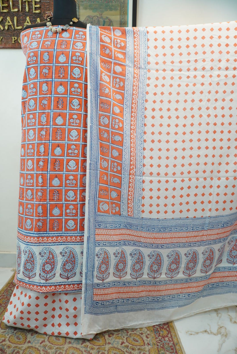Orange cotton Bagh block print 3-piece suit set with blue and white accents and border detail
