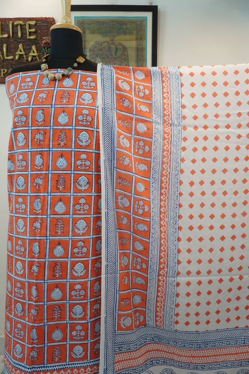 Orange cotton Bagh block print 3-piece suit set with blue and white accents and border detail