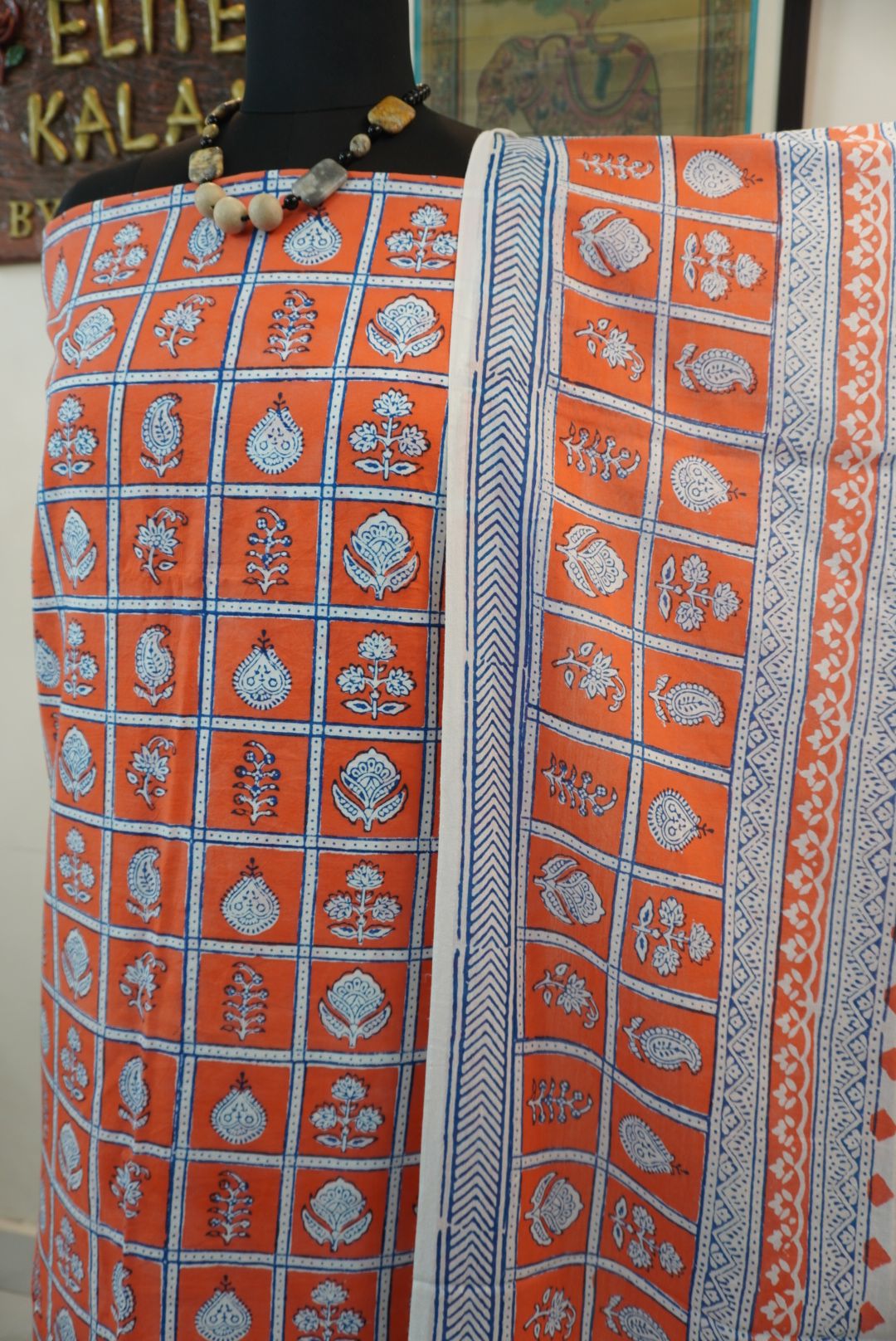 Orange cotton Bagh block print 3-piece suit set with blue and white accents and border detail