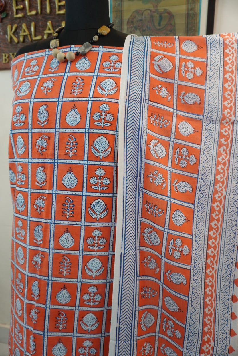 Orange cotton Bagh block print 3-piece suit set with blue and white accents and border detail