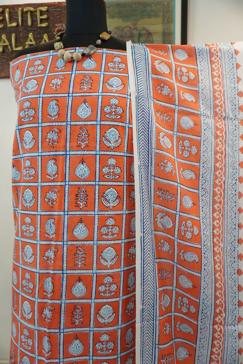 Orange cotton Bagh block print 3-piece suit set with blue and white accents and border detail