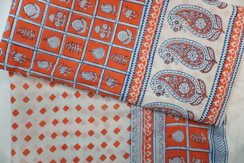 Orange cotton Bagh block print 3-piece suit set with blue and white accents and border detail
