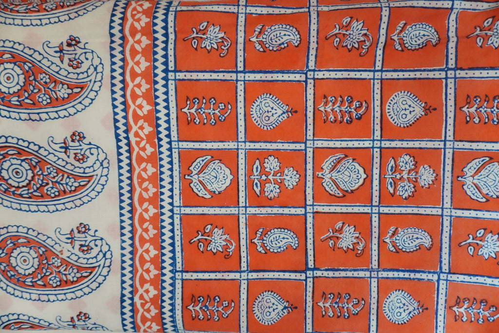 Orange cotton Bagh block print 3-piece suit set with blue and white accents and border detail