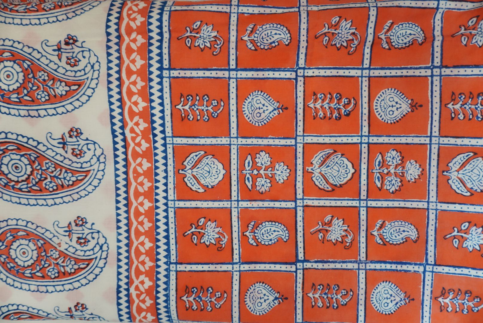Orange cotton Bagh block print 3-piece suit set with blue and white accents and border detail