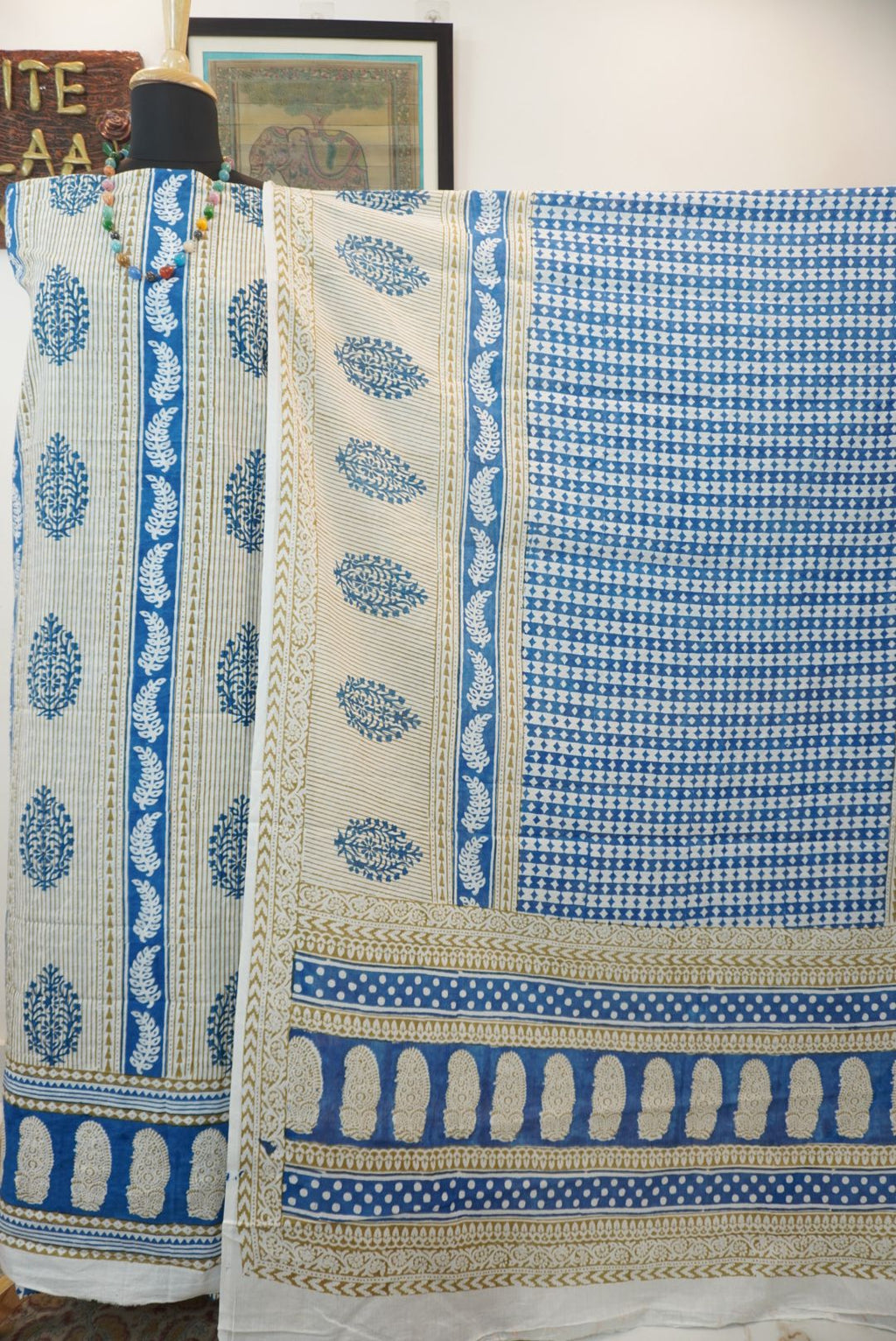 Blue cotton Bagh handblock 3 piece suit set with orange design and border