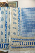 Blue cotton Bagh handblock 3 piece suit set with orange design and border