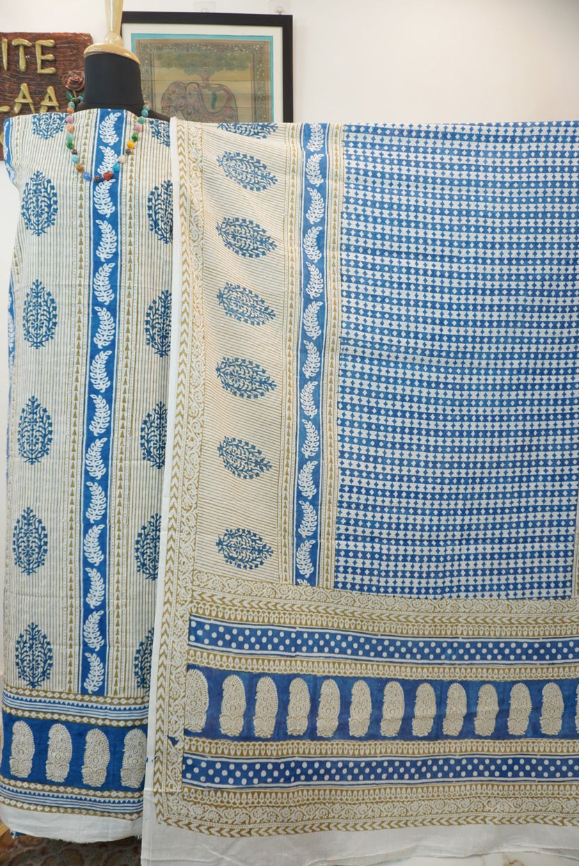 Blue cotton Bagh handblock 3 piece suit set with orange design and border