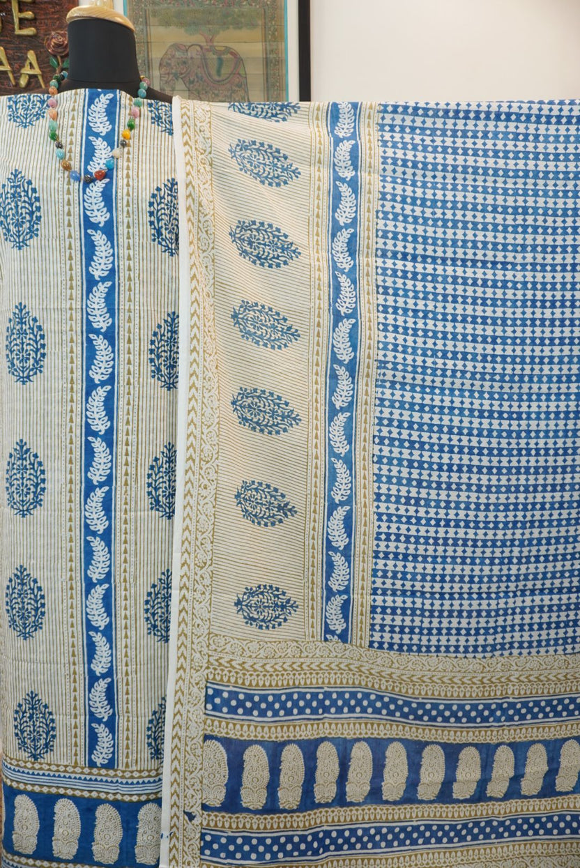 Blue cotton Bagh handblock 3 piece suit set with orange design and border
