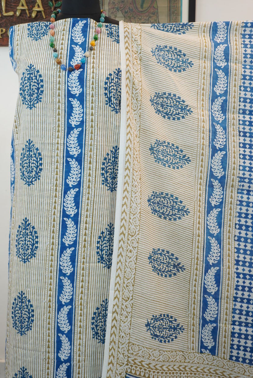 Blue cotton Bagh handblock 3 piece suit set with orange design and border