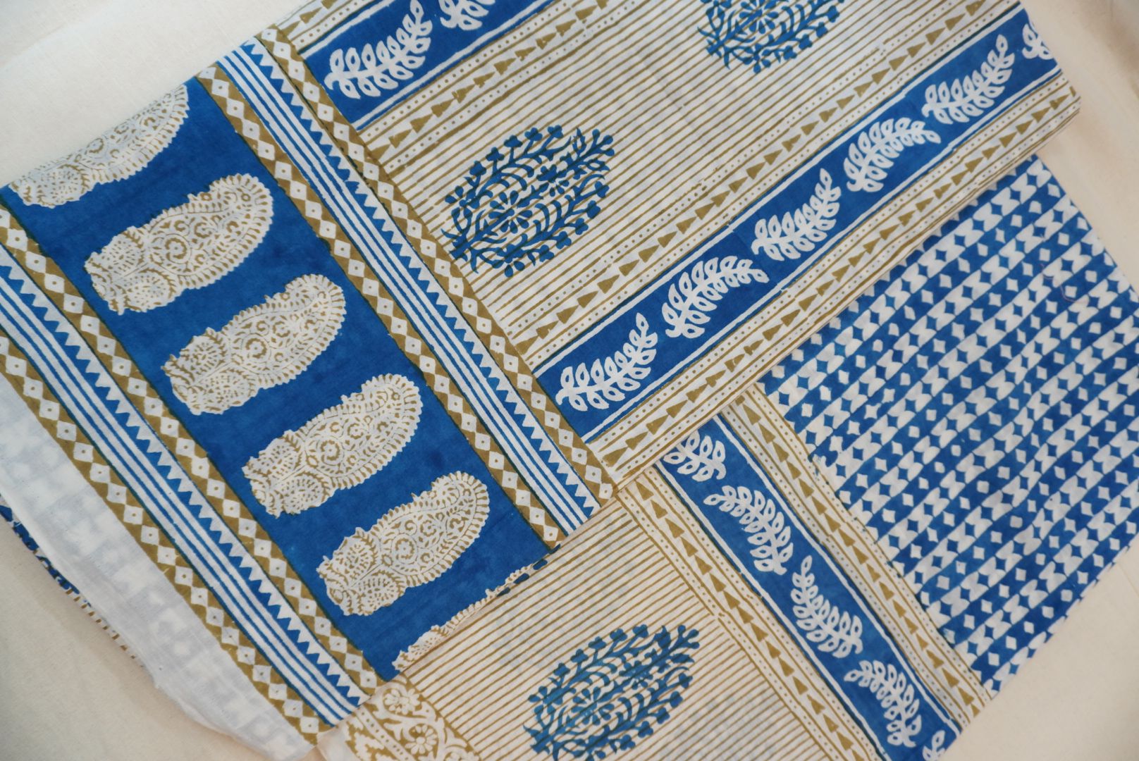 Blue cotton Bagh handblock 3 piece suit set with orange design and border