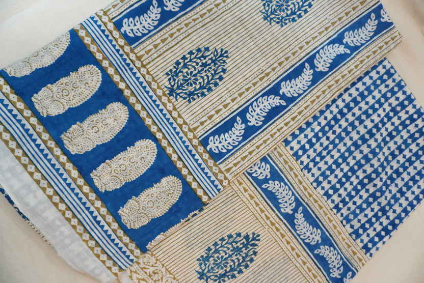 Blue cotton Bagh handblock 3 piece suit set with orange design and border