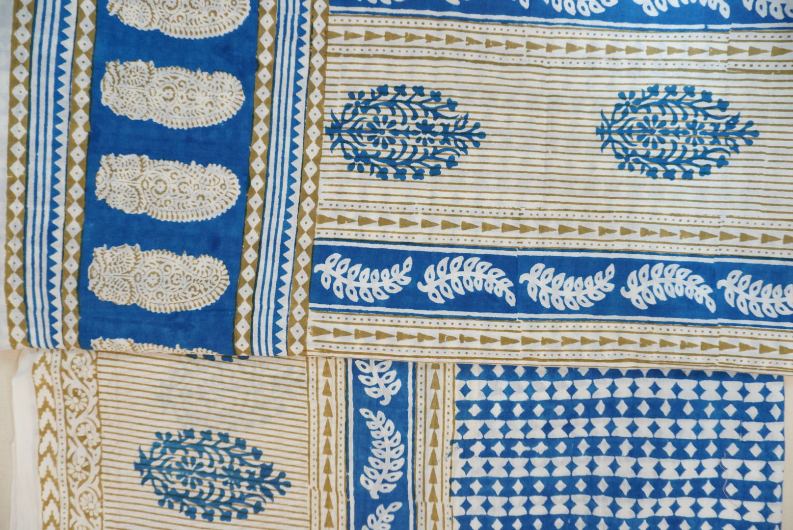 Blue cotton Bagh handblock 3 piece suit set with orange design and border