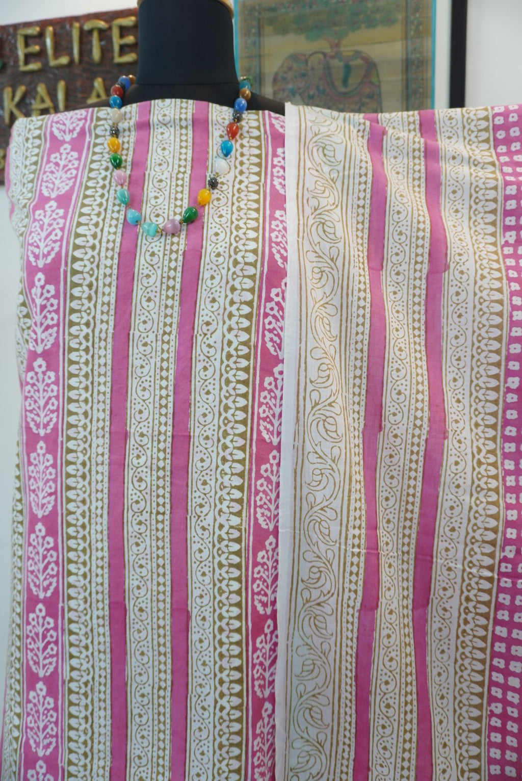 Pink cotton Bagh handblock 3 piece unstitched suit set with printed design