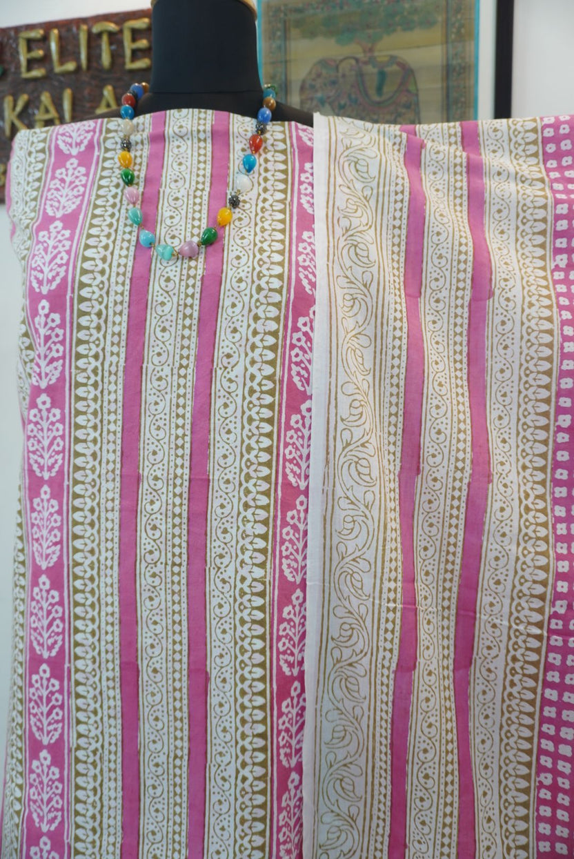 Pink cotton Bagh handblock 3 piece unstitched suit set with printed design
