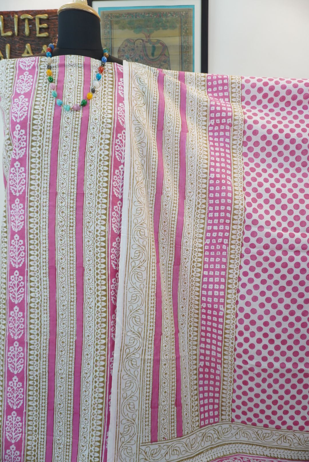 Pink cotton Bagh handblock 3 piece unstitched suit set with printed design