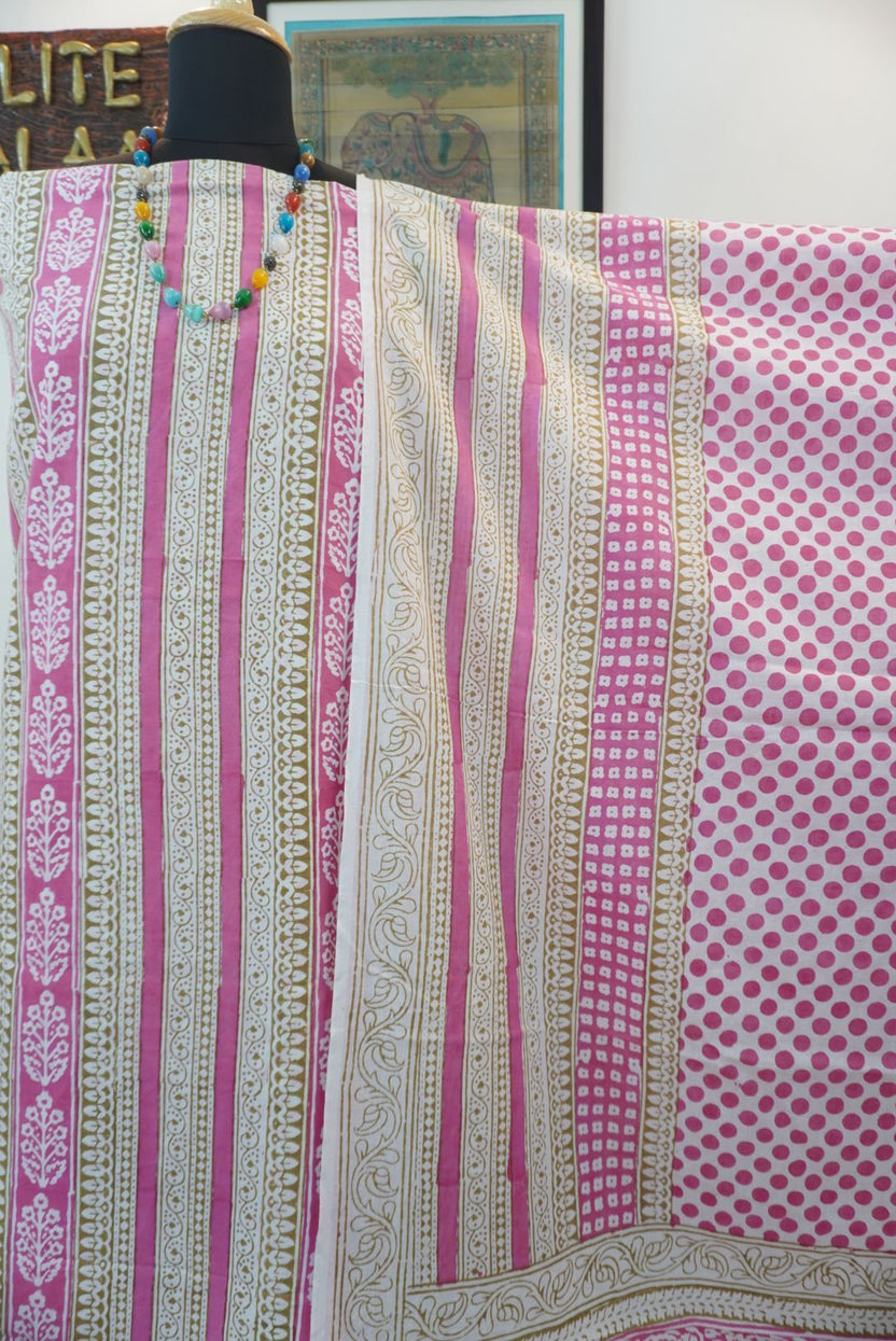 Pink cotton Bagh handblock 3 piece unstitched suit set with printed design