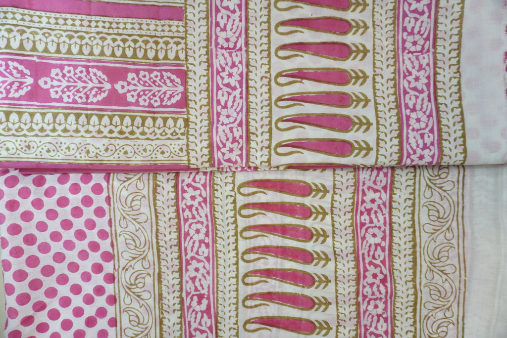 Pink cotton Bagh handblock 3 piece unstitched suit set with printed design