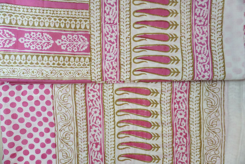 Pink cotton Bagh handblock 3 piece unstitched suit set with printed design