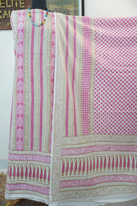 Pink cotton Bagh handblock 3 piece unstitched suit set with printed design