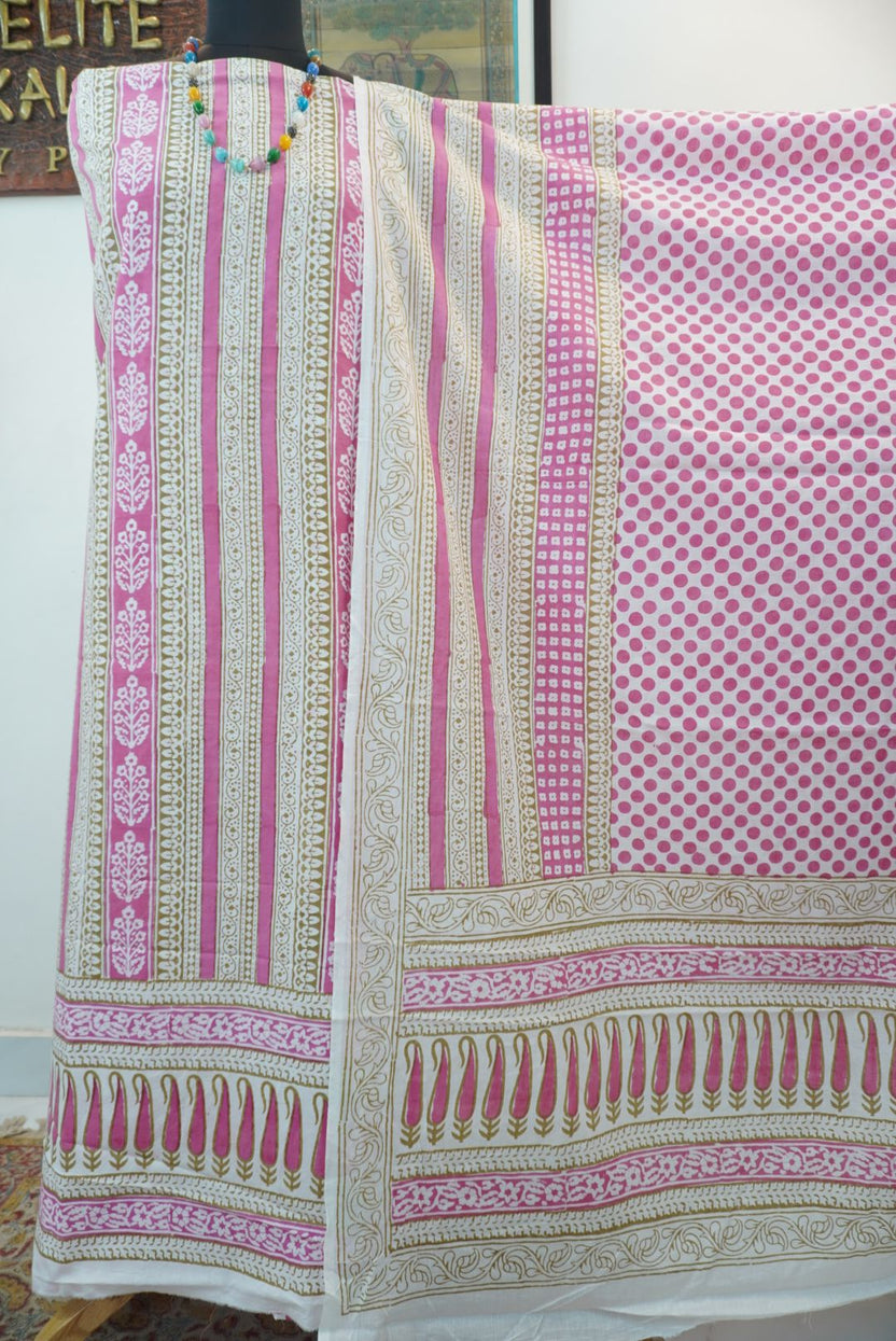 Pink cotton Bagh handblock 3 piece unstitched suit set with printed design
