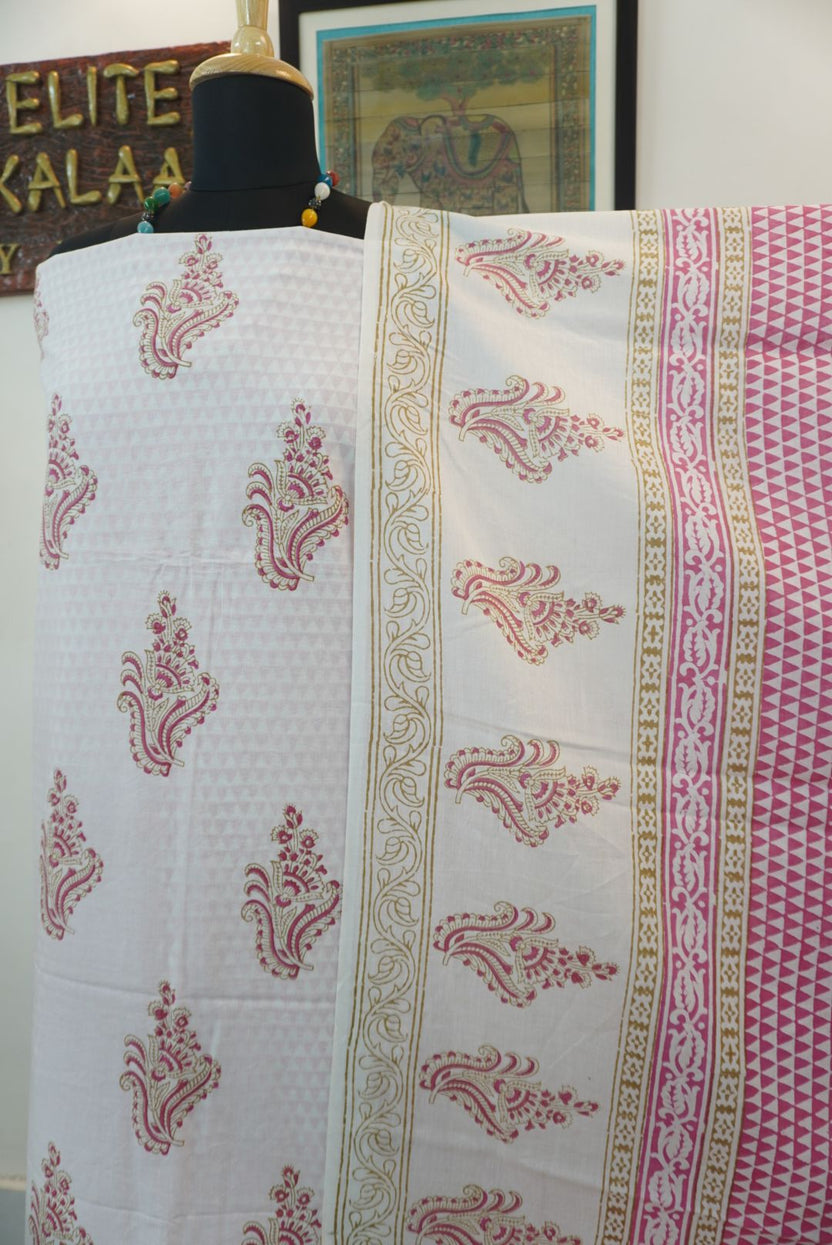 White and pink cotton Bagh handblock 3 piece suit set with placement pattern and border