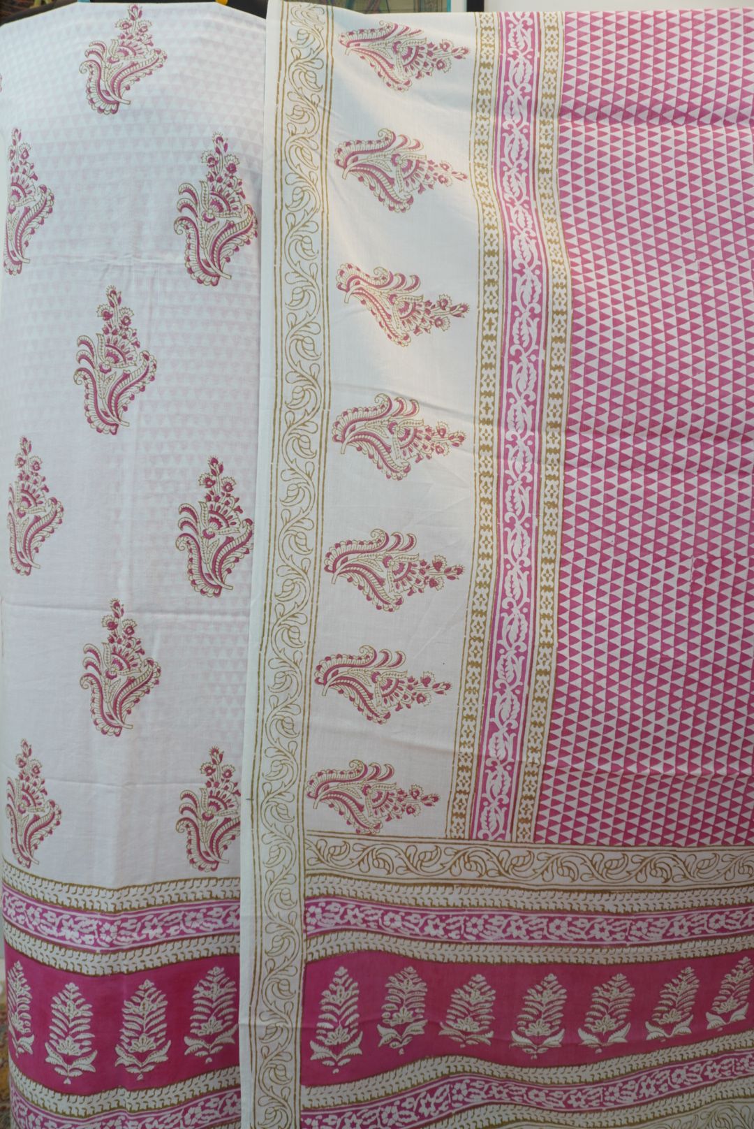 White and pink cotton Bagh handblock 3 piece suit set with placement pattern and border