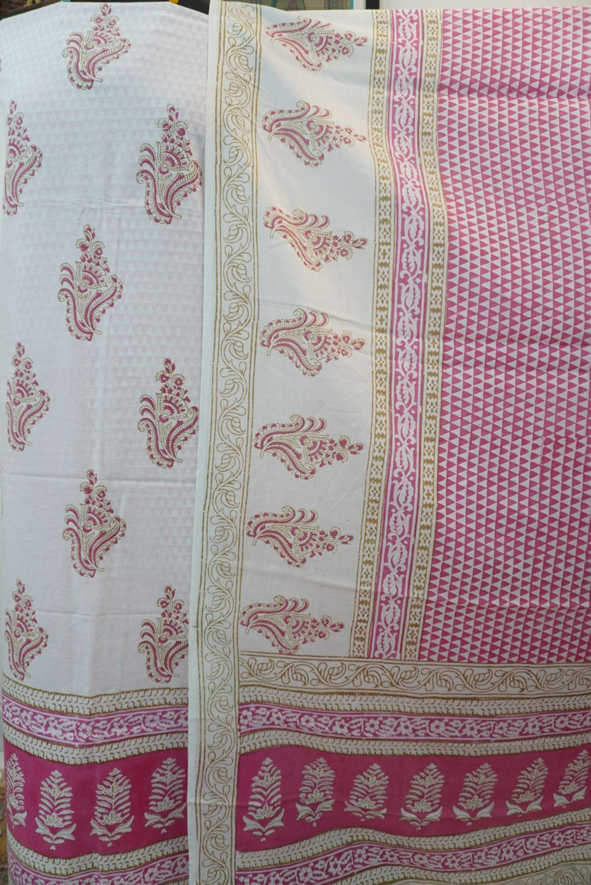 White and pink cotton Bagh handblock 3 piece suit set with placement pattern and border
