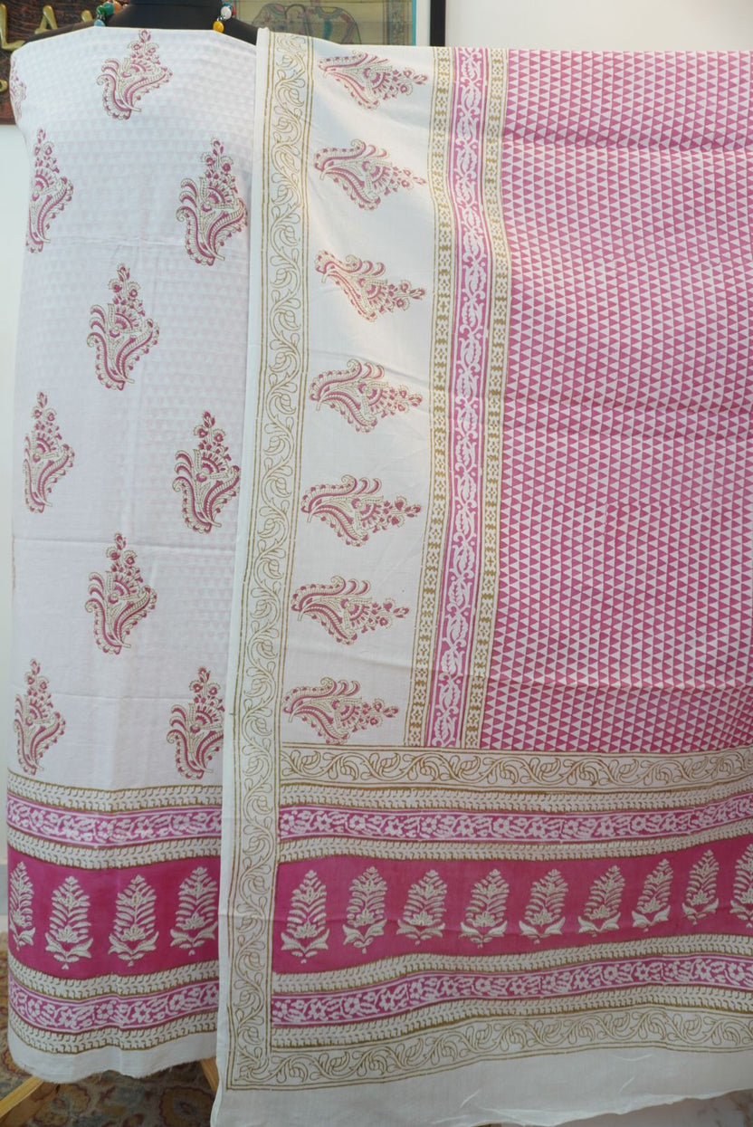 White and pink cotton Bagh handblock 3 piece suit set with placement pattern and border