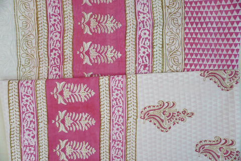 White and pink cotton Bagh handblock 3 piece suit set with placement pattern and border