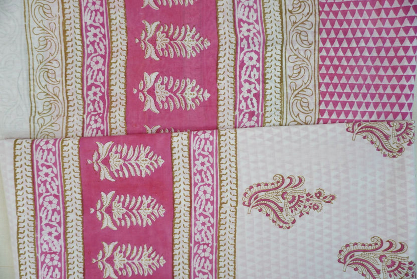 White and pink cotton Bagh handblock 3 piece suit set with placement pattern and border