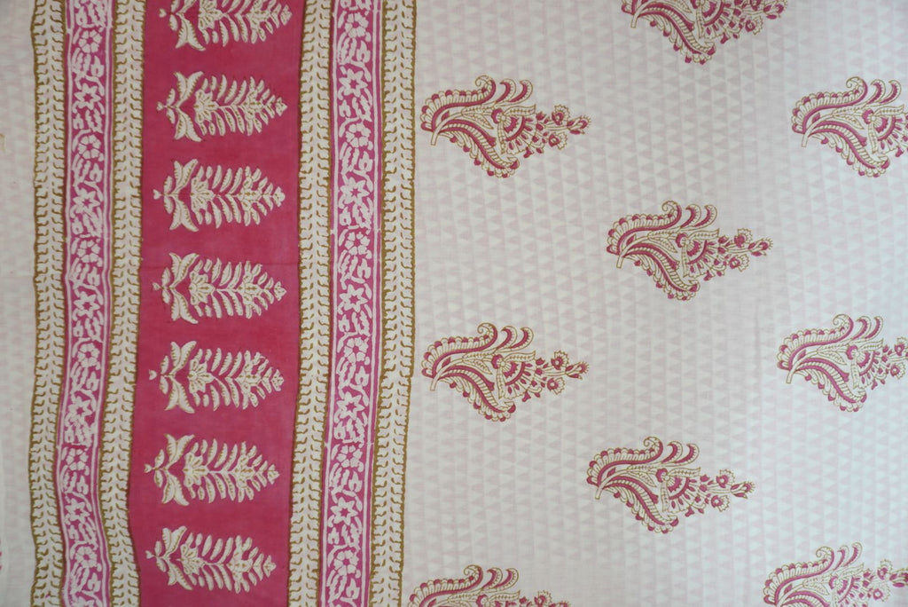 White and pink cotton Bagh handblock 3 piece suit set with placement pattern and border