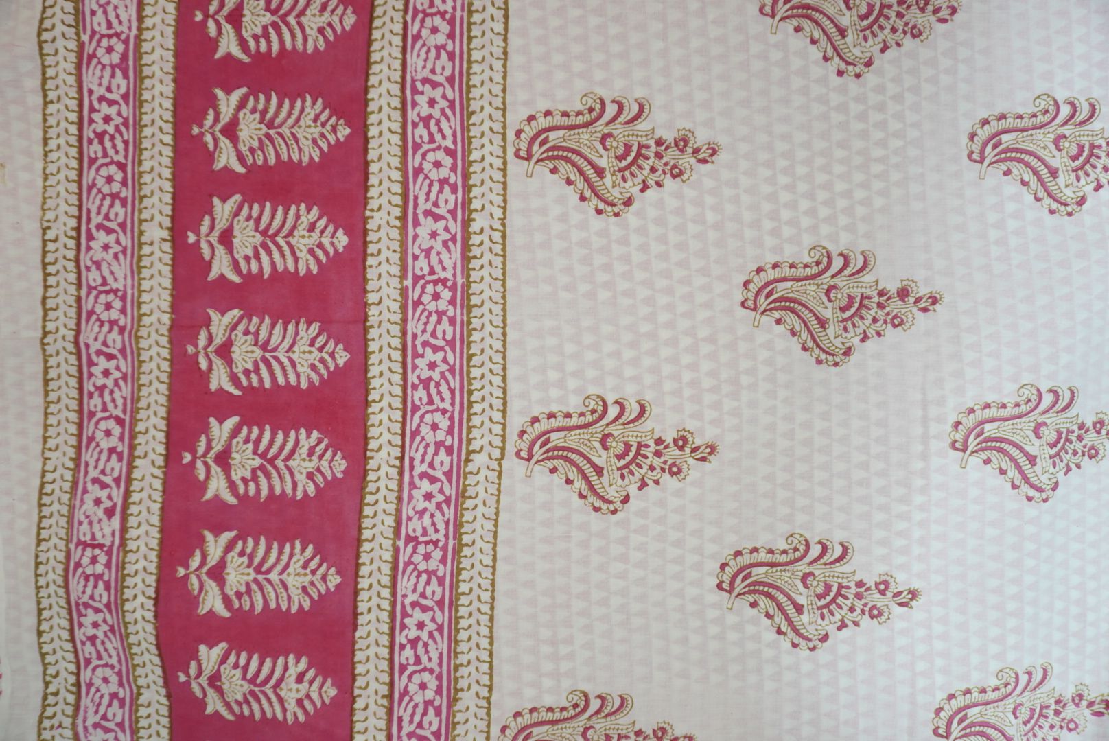 White and pink cotton Bagh handblock 3 piece suit set with placement pattern and border