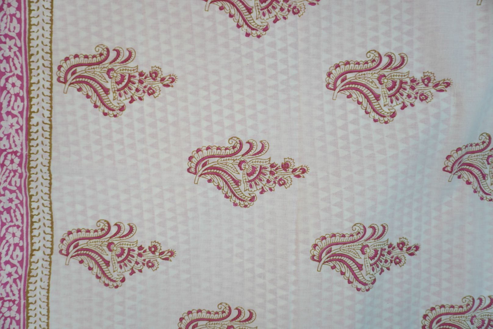 White and pink cotton Bagh handblock 3 piece suit set with placement pattern and border